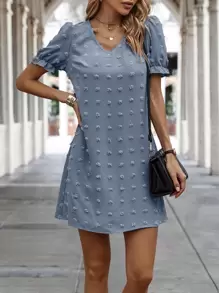 SHEIN Clasi Đầm Xù màu trơn Giải trí - Màu xanh bụi bặm - Xem 4