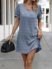 SHEIN Clasi Đầm Xù màu trơn Giải trí - Màu xanh bụi bặm - Xem 5