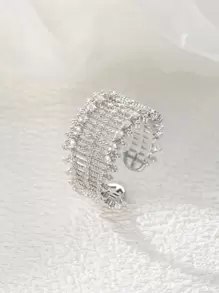 1pc Personalized Hollow Copper Micro-Inlaid Luxurious Floral Lace-Inspired Open Ring, Multi-Color Options - Silver - View 2