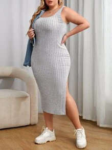 SHEIN Essnce Vestido tank de muslo con abertura - Gris Claro - Ver 4