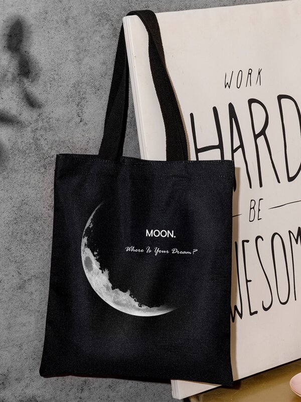 Maan & Letter Grafische Shopper Tas Schooltas, Terug naar school, Grote capaciteit, Draagbaar, Opvouwbaar, Klassieke casual, Geschikt voor tienermeisjes, Vrouwen, Studenten, Perfect voor terug naar school, Middelbare school, Winkelen, Vakantie, Hogeschool