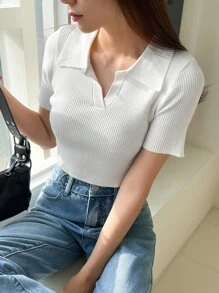 DAZY Blusa de punto de manga corta de unicolor, estilo casual de negocios