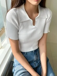 DAZY Blusa de punto de manga corta de unicolor, estilo casual de negocios