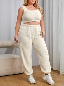 SHEIN EZwear Bộ thời trang Plus Size màu trơn Giải trí - Màu be - Xem 3
