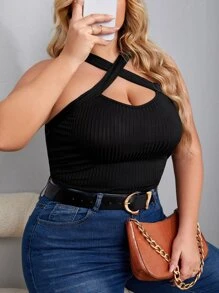 SHEIN Privé Plus Crisscross Front Halter Top - Black - View 1