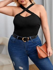 SHEIN Privé Plus Crisscross Front Halter Top - Black - View 3