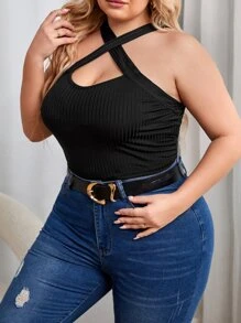 SHEIN Privé Plus Crisscross Front Halter Top - Black - View 4