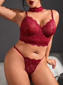 Plus Floral Lace Underwire Lingerie Set With Choker - Burgundy - View 1