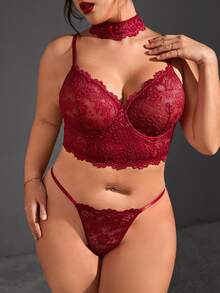 Plus Floral Lace Underwire Lingerie Set With Choker - Burgundy - View 4