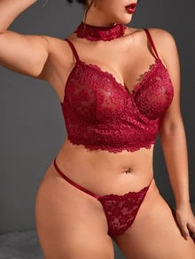 Plus Floral Lace Underwire Lingerie Set With Choker - Burgundy - View 5