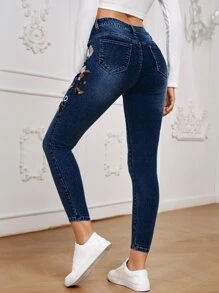EMERY ROSE Floral Embroidery Skinny Jeans - Dark Wash - View 2
