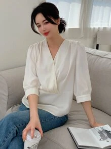 DAZY 實色泡泡袖v領襯衫 - 杏色 - 查看 6