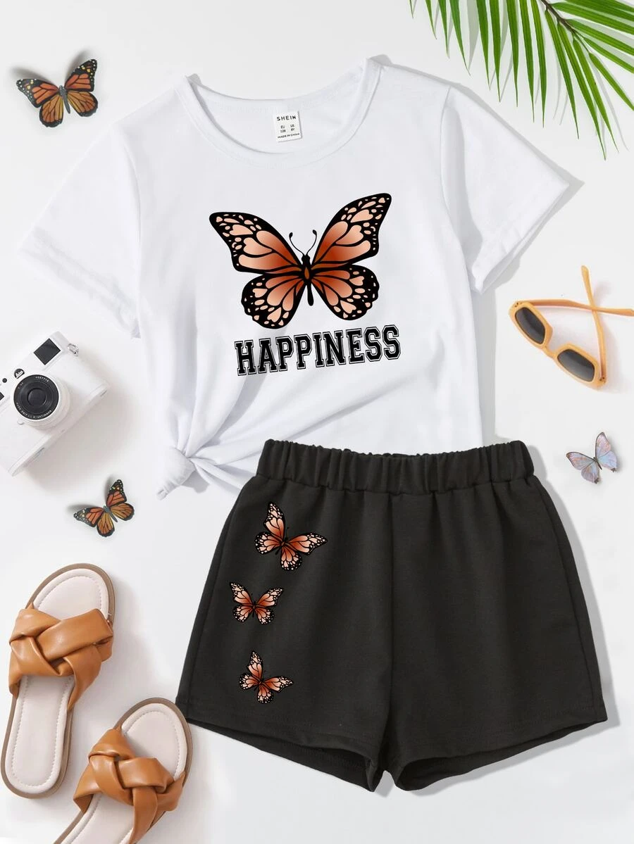 Girls 1pc Butterfly & Letter Graphic Tee & 1pc Shorts - Black and White - View 1