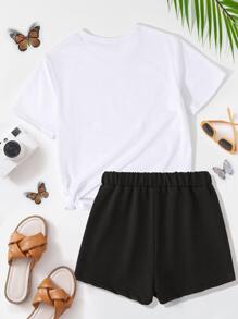 Girls 1pc Butterfly & Letter Graphic Tee & 1pc Shorts - Black and White - View 2