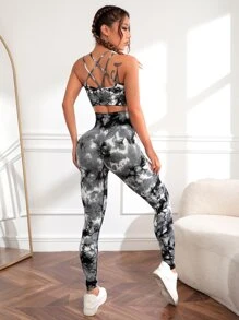 Yoga Trendy Tie Dye Crisscross Backless Wide Waistband Sports Set - Multicolor - View 2