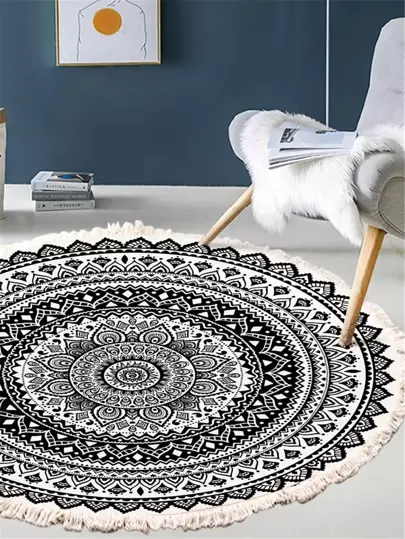 1 块可洗波西米亚几何手工编织涤纶圆形地毯带流苏 - 复古地毯，机织编织格子编织地垫，适用于厨房、客厅、卧室装饰、沙发座椅、浮动窗户、床边和家居装饰