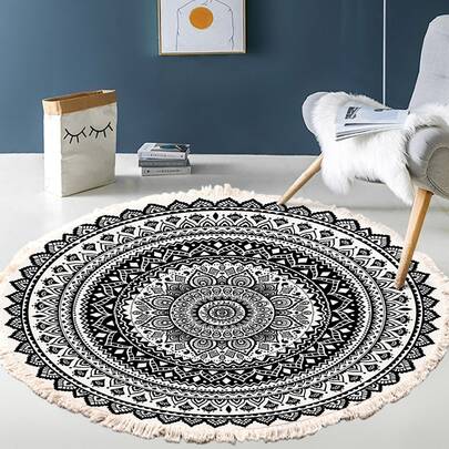 1pc Washable Bohemian Geometric Handwoven Polyester Area Round Rug With Tassels - Retro Carpet,Machine Made Braided Plaid Weave Floor Mat For Kitchen, Living Room, Bedroom Decor,Sofa Seat, Floating Window, Bedside, And Home Decor