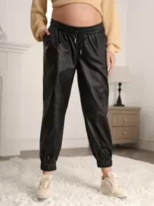 SHEIN Maternity Drawstring Waist Leather Look Jeans - Black - View 1