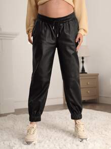 SHEIN Maternity Drawstring Waist Leather Look Jeans - Black - View 5