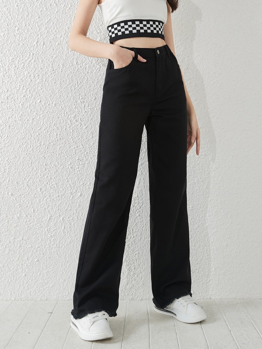 Bé Gái Quần Jeans Nút Túi Dây kéo màu trơn - màu đen - Xem 1