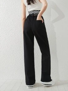 Bé Gái Quần Jeans Nút Túi Dây kéo màu trơn - màu đen - Xem 2