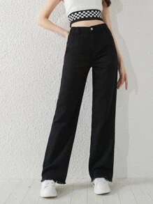 Bé Gái Quần Jeans Nút Túi Dây kéo màu trơn - màu đen - Xem 3