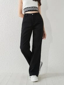 Bé Gái Quần Jeans Nút Túi Dây kéo màu trơn - màu đen - Xem 4