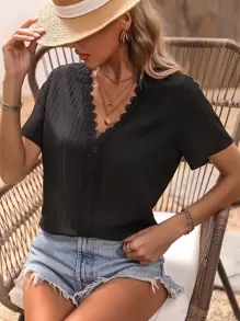 SHEIN LUNE Guipure Lace Panel Blouse - Black - View 1