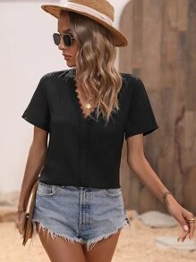 SHEIN LUNE Guipure Lace Panel Blouse - Black - View 3