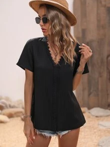 SHEIN LUNE Guipure Lace Panel Blouse - Black - View 6
