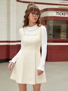 SHEIN MOD 拼接毛邊緣連衣裙 - 白色 - 查看 1