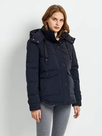 Flap Pocket Zip Up Hooded Curved Hem Down Coat