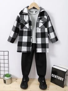 小男童大格紋翻蓋口袋襯衫和褲子和上衣