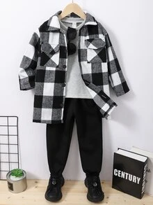 小男童大格紋翻蓋口袋襯衫和褲子和上衣