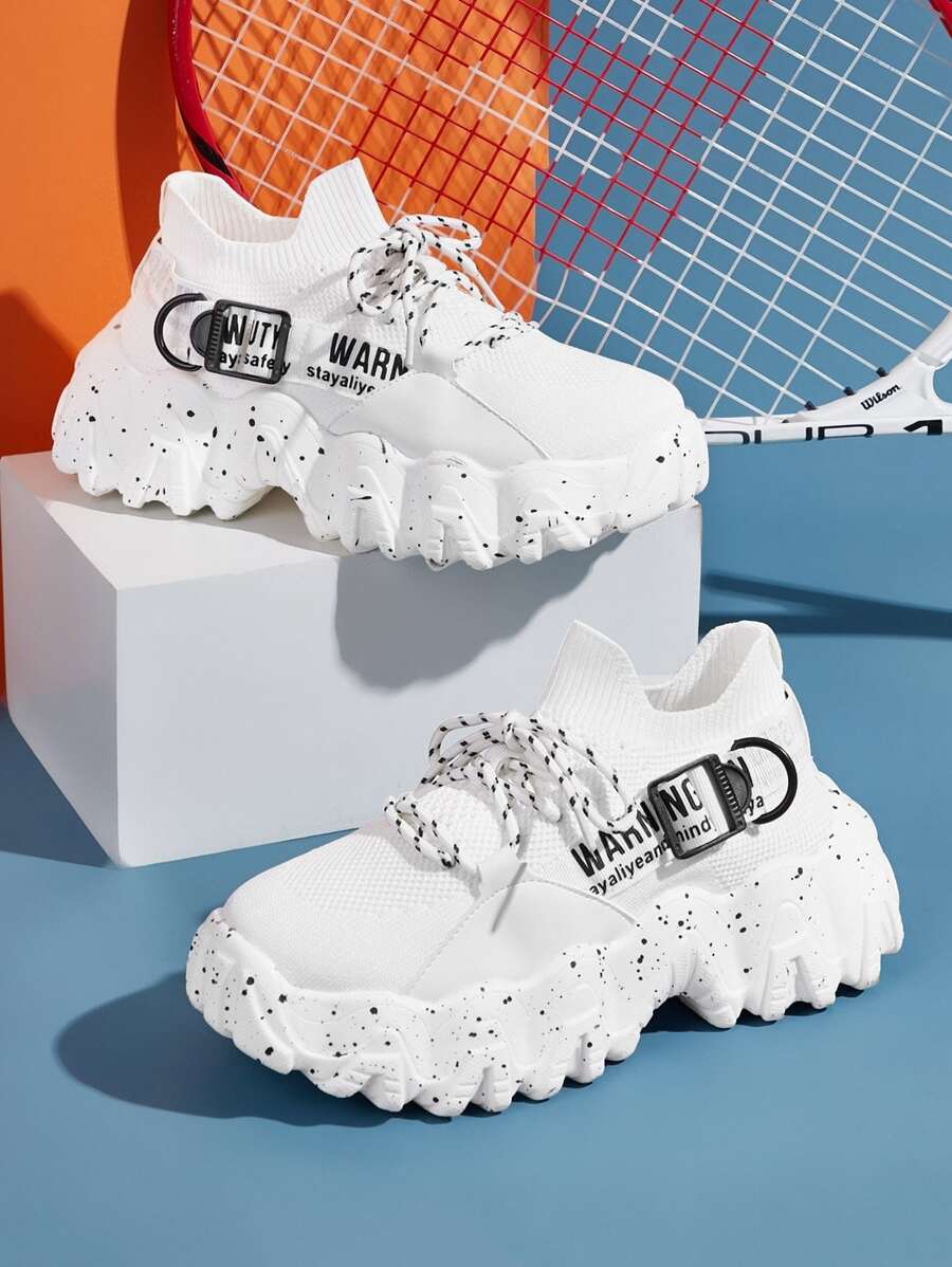 Lace-up Front Letter Graphic Chunky Sneakers - White - View 1
