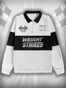 ROMWE MEN Street Life Guys Letter Graphic Colorblock Half Zip Sweatshirt - White - View 1