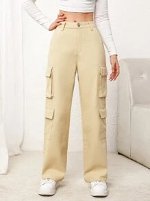 SHEIN 青少年女孩拉鍊翻蓋口袋工裝牛仔褲