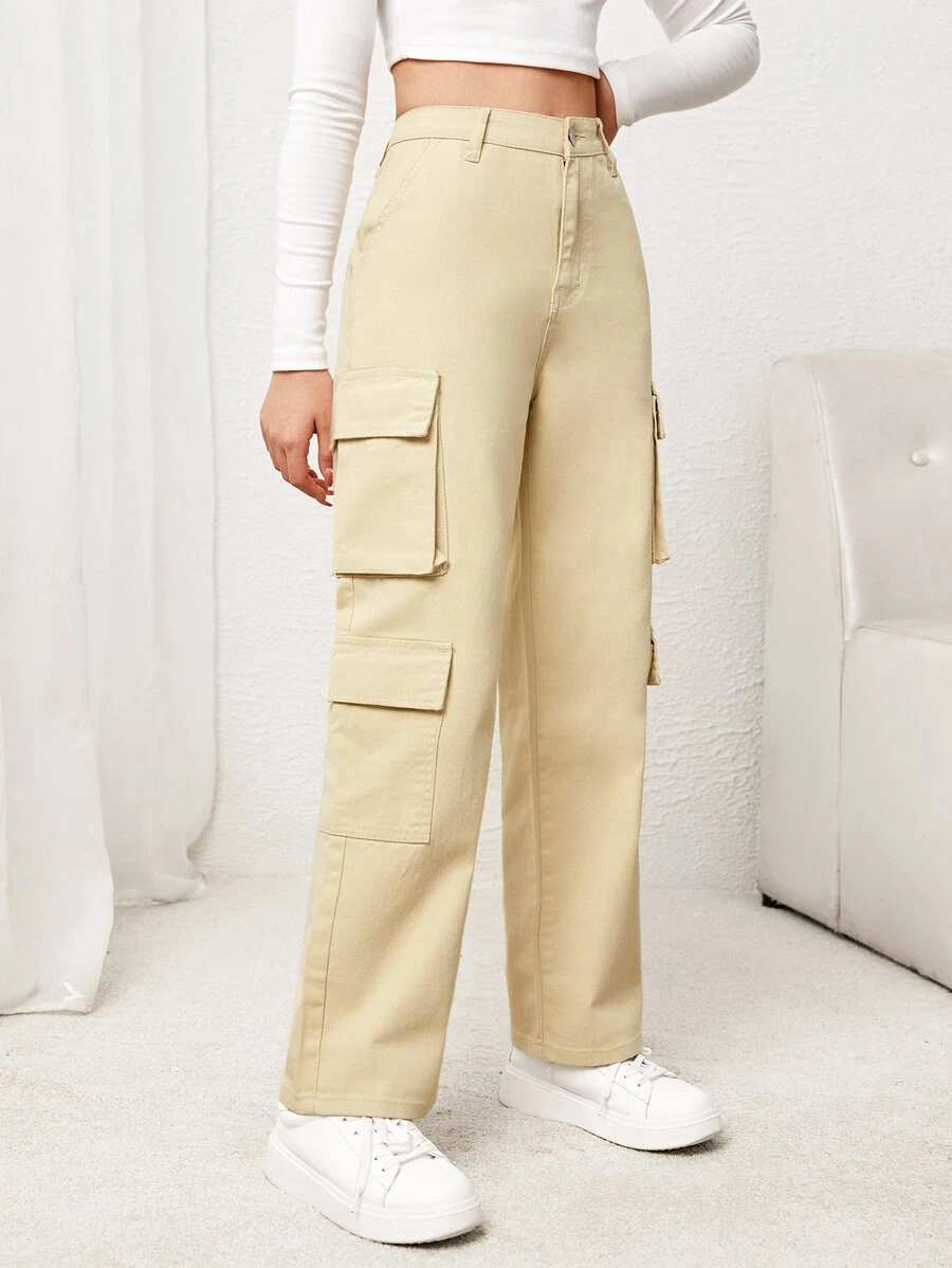 SHEIN 青少年女孩拉鍊翻蓋口袋工裝牛仔褲