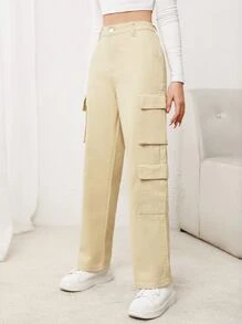 SHEIN 青少年女孩拉鍊翻蓋口袋工裝牛仔褲