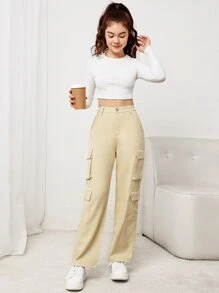 SHEIN 青少年女孩拉鍊翻蓋口袋工裝牛仔褲