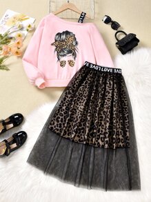 Girls Figure Graphic Asymmetrical Neck Pullover & Leopard Mesh Skirt - Multicolor - View 1