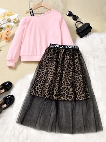 Girls Figure Graphic Asymmetrical Neck Pullover & Leopard Mesh Skirt - Multicolor - View 2
