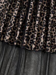 Girls Figure Graphic Asymmetrical Neck Pullover & Leopard Mesh Skirt - Multicolor - View 6