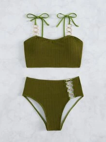 連鎖帶連接的綁帶肩帶夏季沙灘比基尼 - 軍綠色 - 查看 5