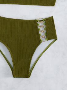 連鎖帶連接的綁帶肩帶夏季沙灘比基尼 - 軍綠色 - 查看 4