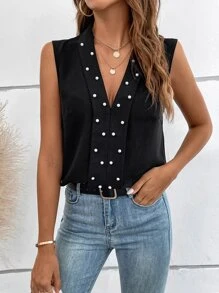 Camisa sin manga con cuenta de perla - Negro - Ver 6