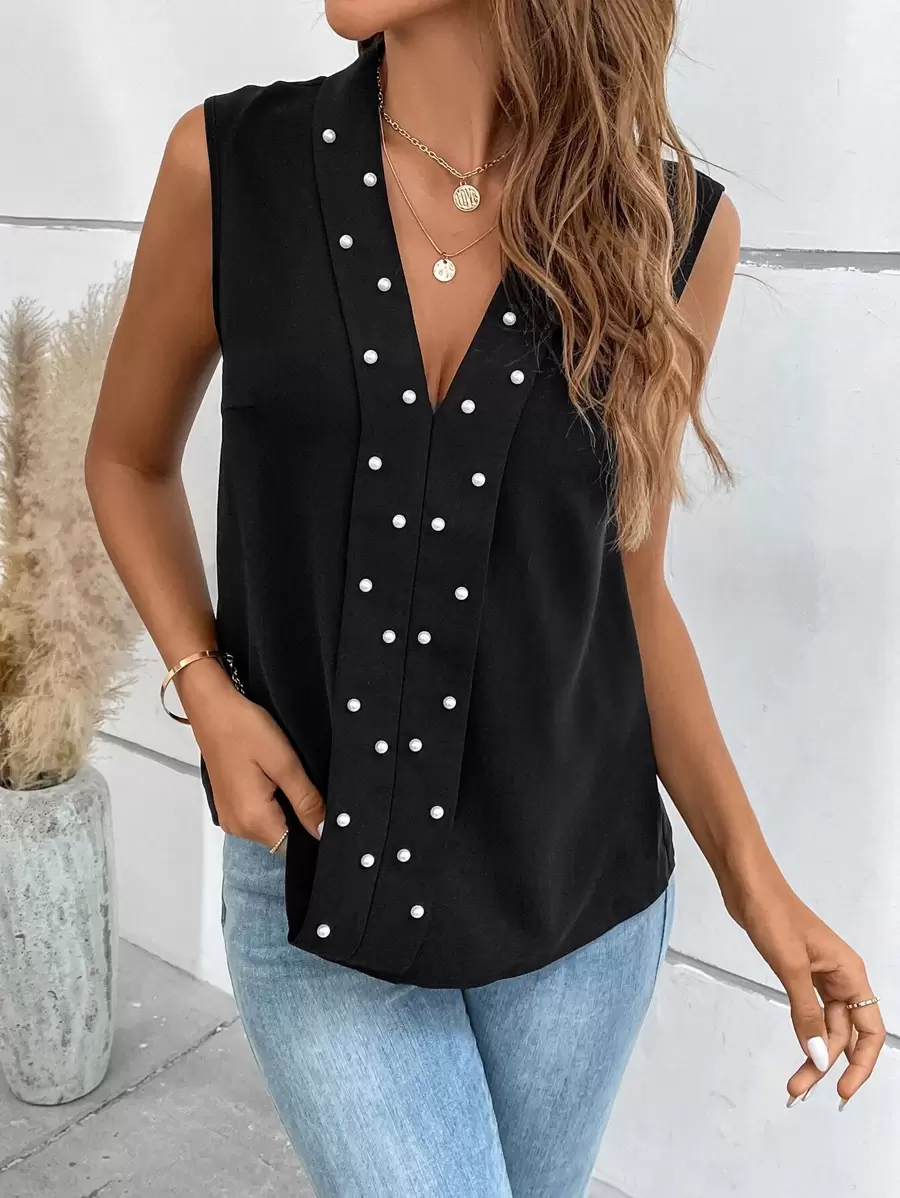 Camisa sin manga con cuenta de perla - Negro - Ver 1