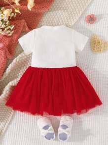 Baby Heart Print Two Tone Mesh Hem Dress - Red and White - View 2