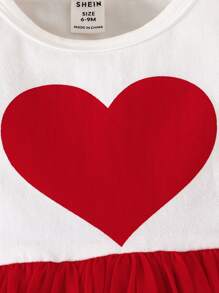 Baby Heart Print Two Tone Mesh Hem Dress - Red and White - View 3