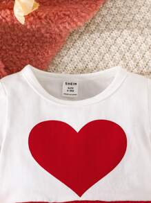 Baby Heart Print Two Tone Mesh Hem Dress - Red and White - View 4